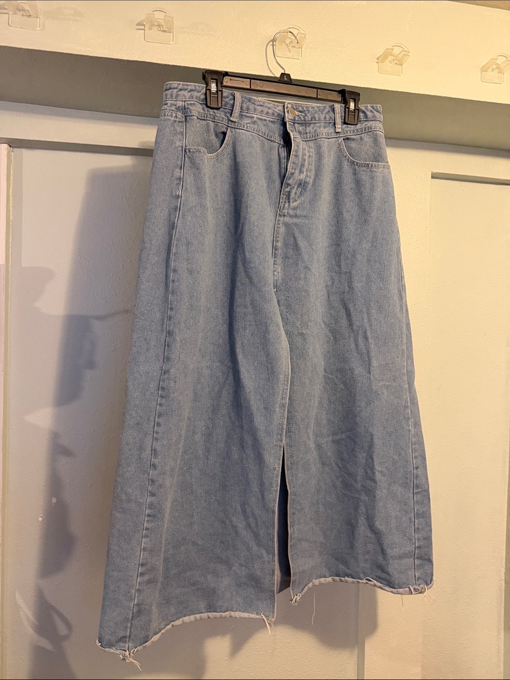 Light Blue Denim Midi Skirt with Front Slit